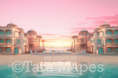 Pink Mansion Digital Backdrop - Doll Mansion on Beach Digital Backdrop - Beach Mansion Digital Background