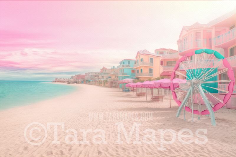 Doll Beach Digital Backdrop -  Beach with Umbrellas and Mansions Ferris Wheel - Turquoise Ocean Beach Digital Background