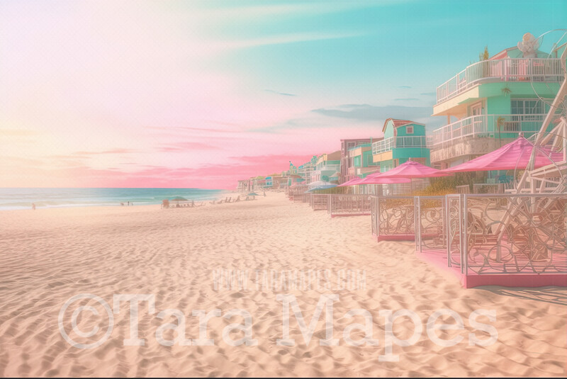 Doll Beach Digital Backdrop -  Beach with Umbrellas and Mansions Ferris Wheel - Turquoise Ocean Beach Digital Background
