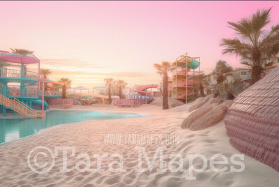 Doll Beach Water Park Digital Backdrop -  Beach with Waterslides Digital Background