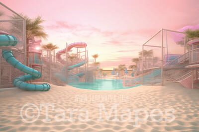 Doll Beach Water Park Digital Backdrop -  Beach with Waterslides Digital Background