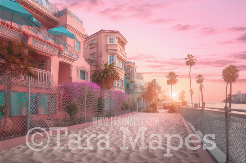Doll Beach Digital Backdrop -  Beach with  Mansions - Turquoise Ocean Beach Digital Background