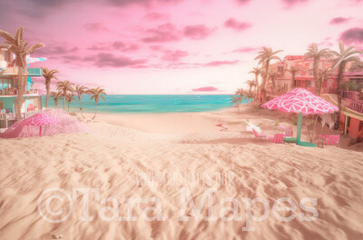 Doll Beach Digital Backdrop -  Beach with Umbrellas and Palm Trees - Turquoise Ocean Beach Digital Background