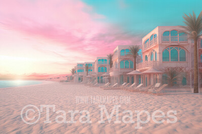 Pink Mansion Digital Backdrop - Doll Mansion on Beach Digital Backdrop - Beach Mansion Digital Background