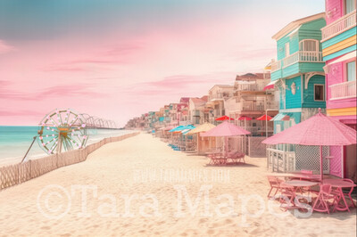 Doll Beach Digital Backdrop -  Beach with Umbrellas and Mansions Ferris Wheel - Turquoise Ocean Beach Digital Background