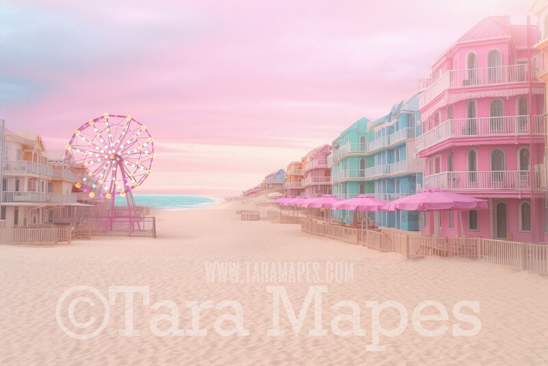 Doll Beach Digital Backdrop -  Beach with Mansions and Ferris Wheel - Turquoise Ocean Beach Digital Background