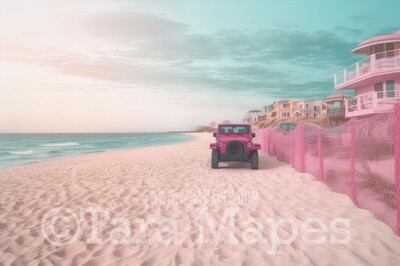 Doll Beach with Pink SUV Digital Backdrop -  Beach with Mansions - Turquoise Ocean Beach Digital Background