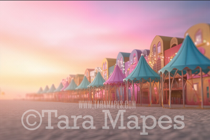 Beach Carnival Digital Backdrop - Beach Festival with Circus Tents Digital Background