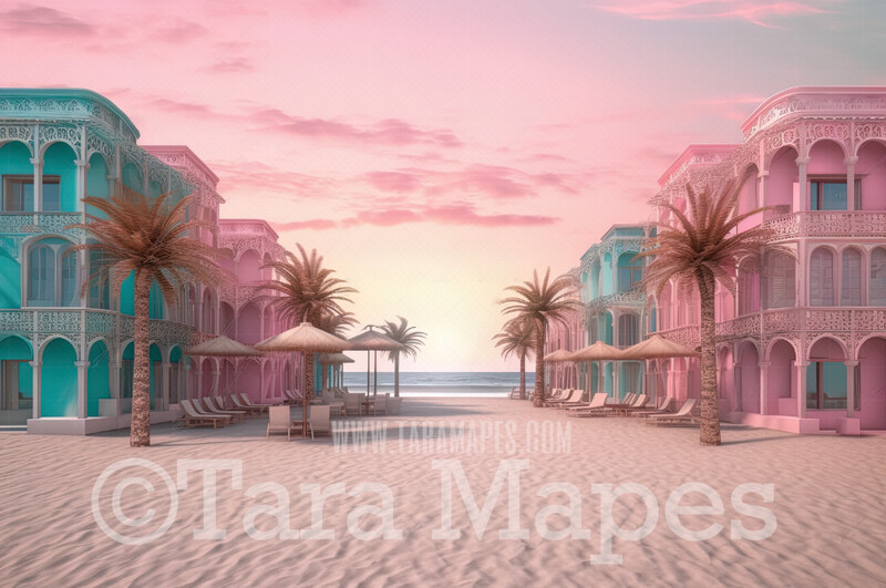 Pink Mansion Digital Backdrop - Doll Mansion on Beach Digital Backdrop - Beach Mansion Digital Background