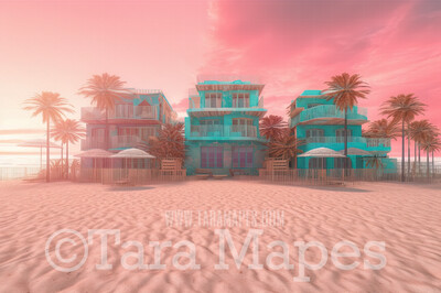 Pink Mansion Digital Backdrop - Doll Mansion on Beach Digital Backdrop - Beach Mansion Digital Background