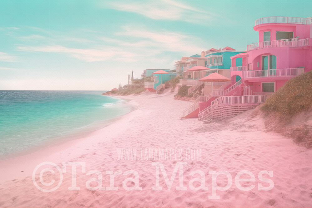 Doll Beach Digital Backdrop - Beach with Umbrellas and Mansions - Turquoise Ocean Beach Digital Background