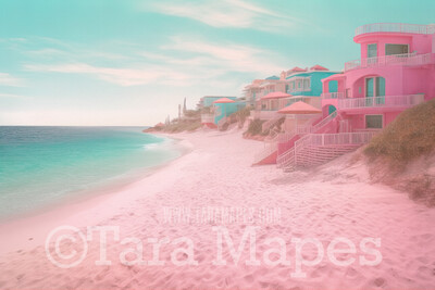 Doll Beach Digital Backdrop -  Beach with Umbrellas and Mansions - Turquoise Ocean Beach Digital Background
