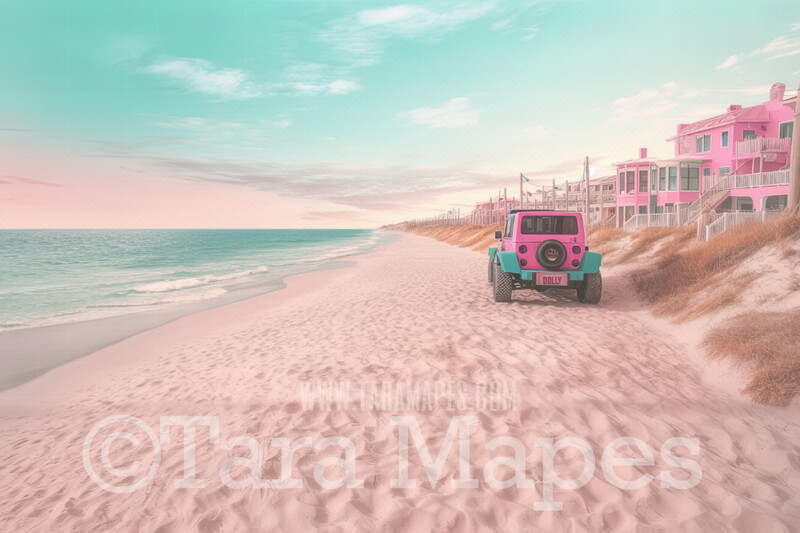 Doll Beach with SUV Digital Backdrop -  Beach with Mansions - Turquoise Ocean Beach Digital Background