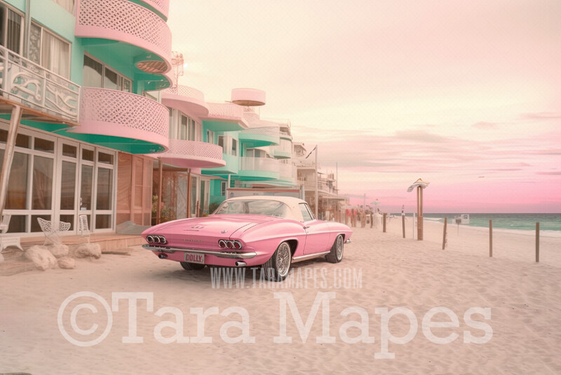 Doll Beach with Pink Sports Car Digital Backdrop -  Beach with Mansions - Turquoise Ocean Beach Digital Background