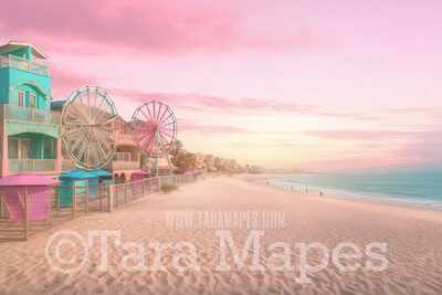 Doll Beach Digital Backdrop -  Beach with Umbrellas and Mansions Ferris Wheel - Turquoise Ocean Beach Digital Background