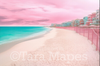 Doll Beach Digital Backdrop -  Beach with Umbrellas and Mansions - Turquoise Ocean Beach Digital Background