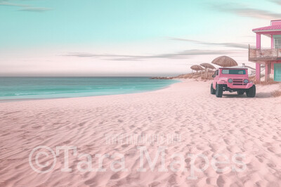 Doll Beach with Pink SUV Digital Backdrop -  Beach with Mansions - Turquoise Ocean Beach Digital Background