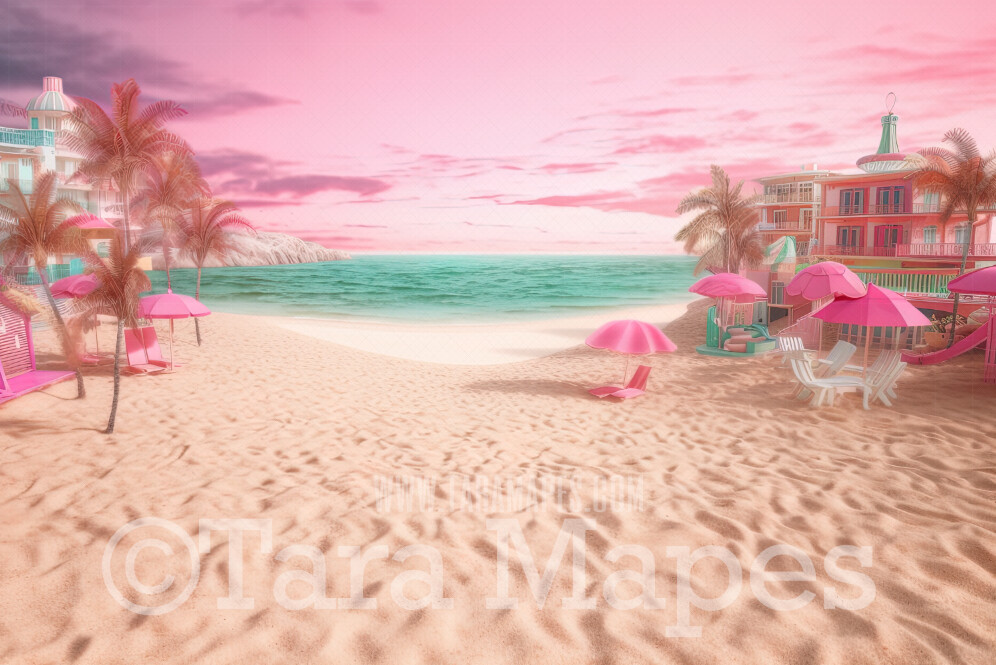 Doll Beach Digital Backdrop -  Beach with Umbrellas and Palm Trees - Turquoise Ocean Beach Digital Background