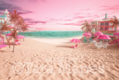 Doll Beach Digital Backdrop -  Beach with Umbrellas and Palm Trees - Turquoise Ocean Beach Digital Background