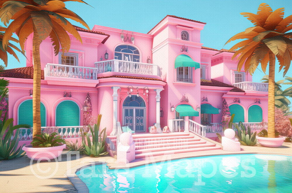 Pink Mansion Digital Backdrop - Doll Mansion on Beach Digital Backdrop - Beach Mansion Digital Background