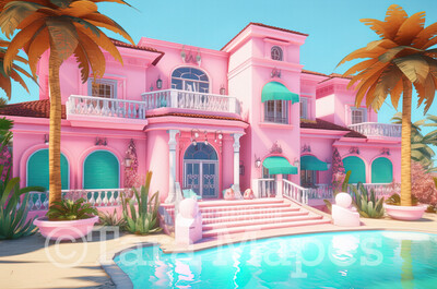 Pink Mansion Digital Backdrop - Doll Mansion on Beach Digital Backdrop - Beach Mansion Digital Background