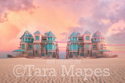 Pink Mansion Digital Backdrop - Doll Mansion on Beach Digital Backdrop - Beach Mansion Digital Background