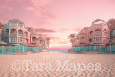 Pink Mansion Digital Backdrop - Doll Mansions on Beach Digital Backdrop - Beach Mansion Digital Background