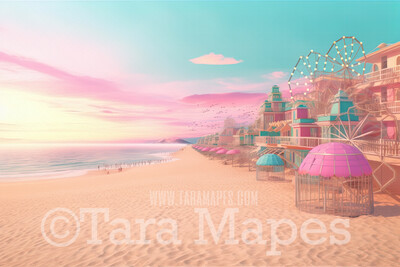 Doll Beach Digital Backdrop -  Beach with Umbrellas and Mansions - Turquoise Ocean Beach Digital Background