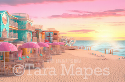 Doll Beach Digital Backdrop -  Beach with Umbrellas and Mansions Ferris Wheel - Turquoise Ocean Beach Digital Background
