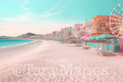 Doll Beach Digital Backdrop -  Beach with Umbrellas and Mansions Ferris Wheel - Turquoise Ocean Beach Digital Background
