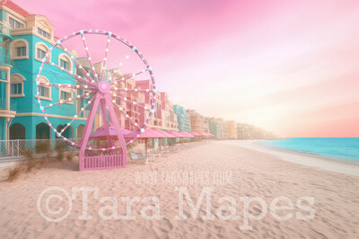 Doll Beach Digital Backdrop -  Beach with Umbrellas and Mansions Ferris Wheel - Turquoise Ocean Beach Digital Background