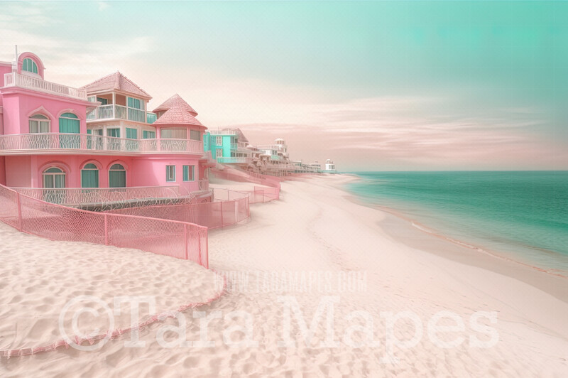 Doll Beach Digital Backdrop -  Beach with Umbrellas and Mansions - Turquoise Ocean Beach Digital Background