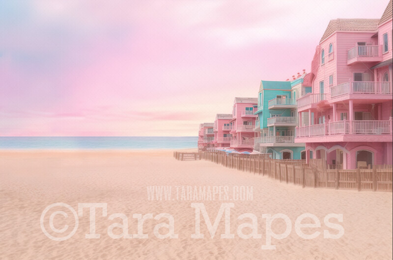 Doll Beach Digital Backdrop -  Beach with  Mansions - Turquoise Ocean Beach Digital Background