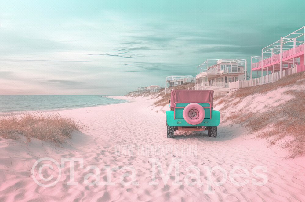 Doll Beach with Teal SUV Digital Backdrop -  Beach with Mansions - Turquoise Ocean Beach Digital Background