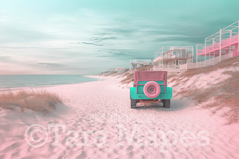 Doll Beach with Teal SUV Digital Backdrop -  Beach with Mansions - Turquoise Ocean Beach Digital Background