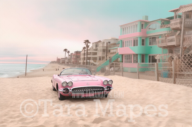 Doll Beach with Pink Sports Car Digital Backdrop -  Beach with Mansions - Turquoise Ocean Beach Digital Background