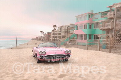 Doll Beach with Pink Sports Car Digital Backdrop -  Beach with Mansions - Turquoise Ocean Beach Digital Background