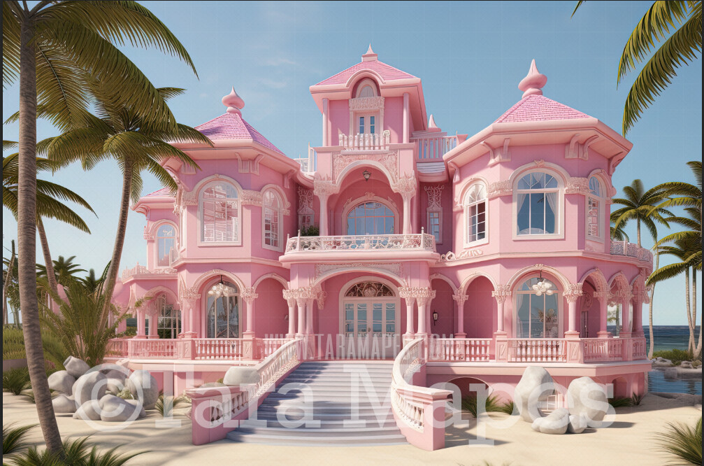 Pink Mansion Digital Backdrop - Doll Mansion on Beach Digital Backdrop - Beach Mansion Digital Background
