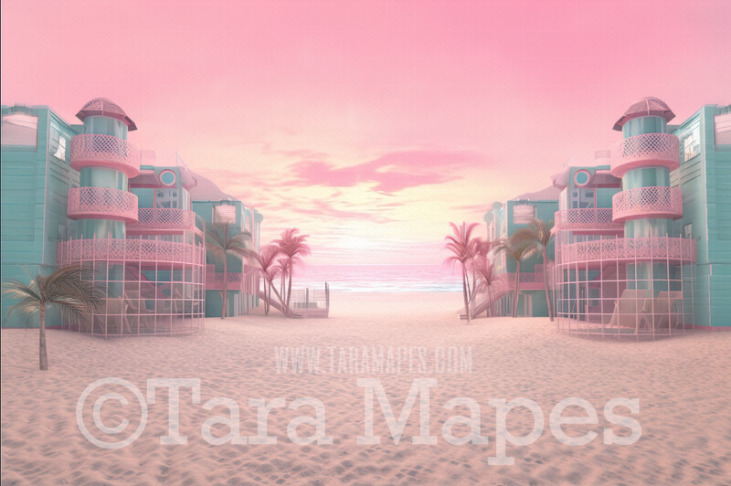 Pink Mansion Digital Backdrop - Doll Mansion on Beach Digital Backdrop - Beach Mansion Digital Background