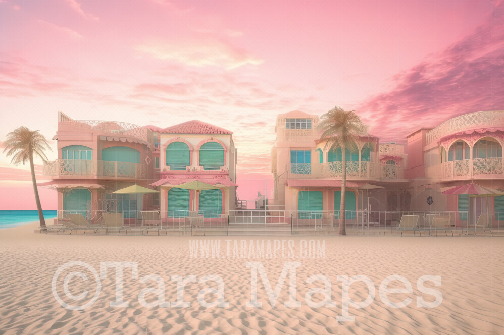 Pink Mansion Digital Backdrop - Doll Mansions on Beach Digital Backdrop - Beach Mansion Digital Background