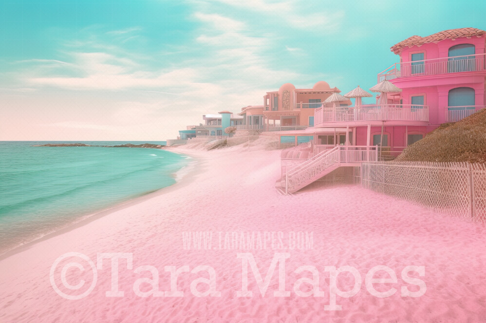 Doll Beach Digital Backdrop - Beach with Umbrellas and Mansions - Turquoise Ocean Beach Digital Background