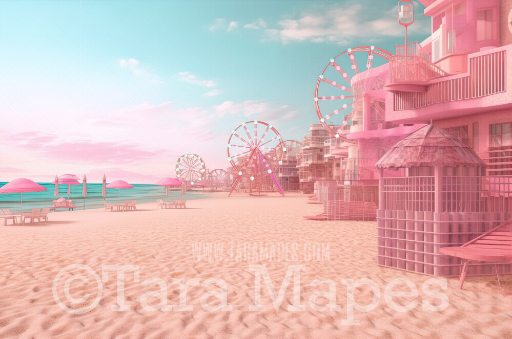 Doll Beach Digital Backdrop - Beach with Umbrellas and Mansions Ferris Wheels - Turquoise Ocean Beach Digital Background