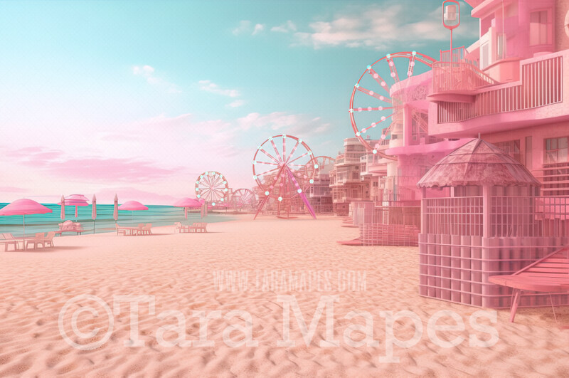 Doll Beach Digital Backdrop - Beach with Umbrellas and Mansions Ferris Wheels - Turquoise Ocean Beach Digital Background