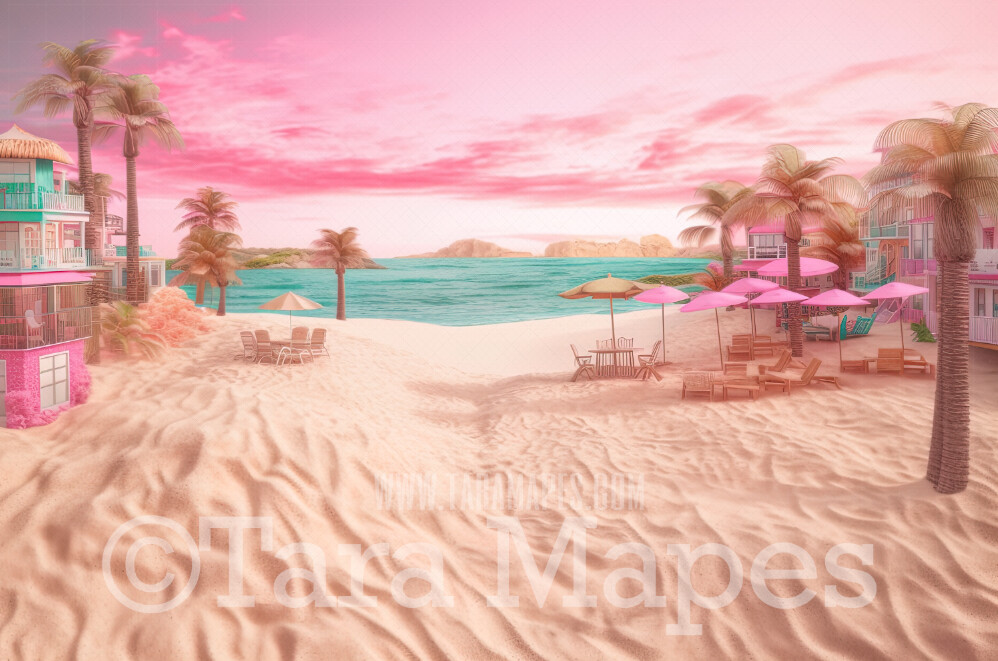 Doll Beach Digital Backdrop -  Beach with Umbrellas and Palm Trees - Turquoise Ocean Beach Digital Background