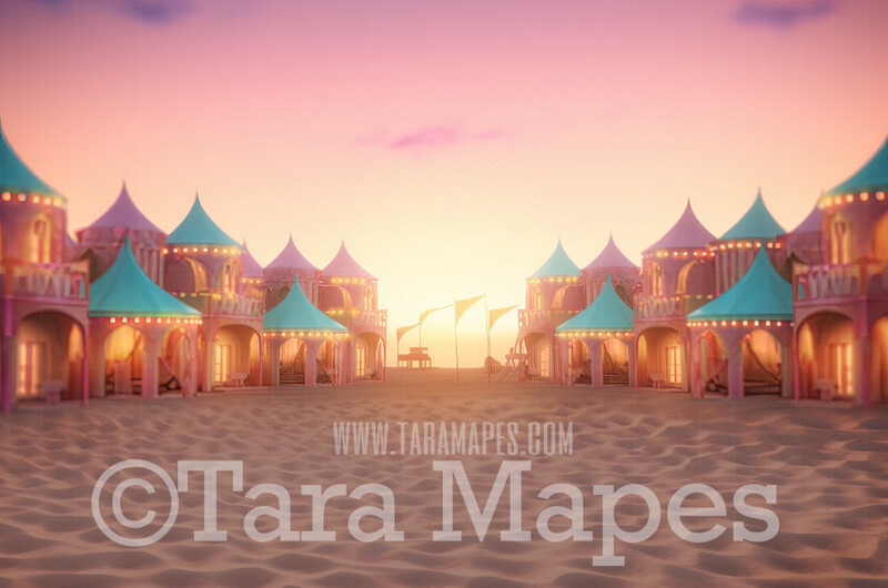 Beach Carnival Digital Backdrop - Beach Festival with Circus Tents Digital Background