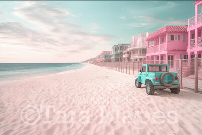 Doll Beach with Teal SUV Digital Backdrop -  Beach with Mansions - Turquoise Ocean Beach Digital Background