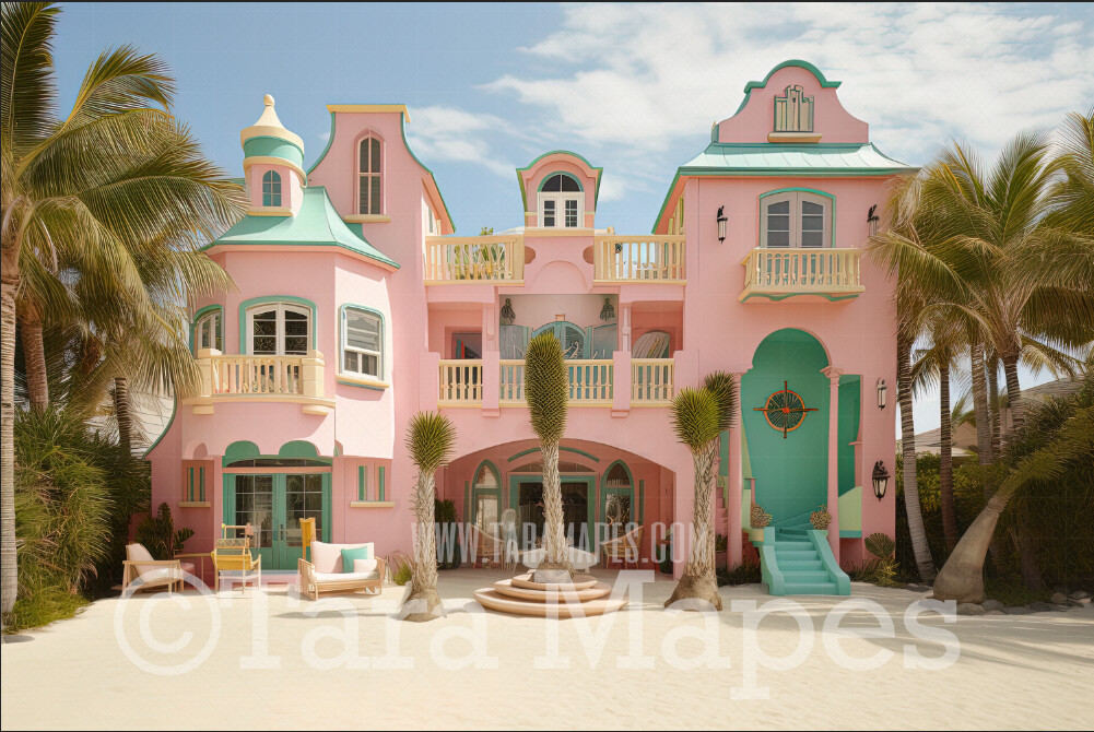 Pink Mansion Digital Backdrop - Doll Mansion on Beach Digital Backdrop - Beach Mansion Digital Background