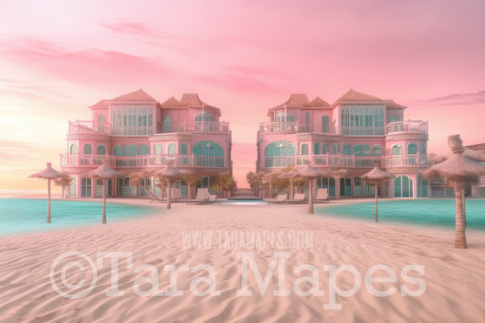 Pink Mansion Digital Backdrop - Doll Mansion on Beach Digital Backdrop - Beach Mansion Digital Background