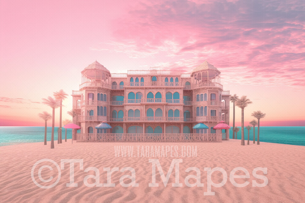 Pink Mansion Digital Backdrop - Doll Mansion on Beach Digital Backdrop - Beach Mansion Digital Background