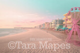 Doll Beach Digital Backdrop -  Beach with Umbrellas and Mansions Ferris Wheel - Turquoise Ocean Beach Digital Background